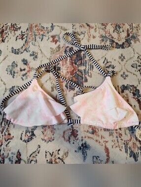 aerie Pink Floral Ruffle Bikini Top with Black-and-White Stripe Ties